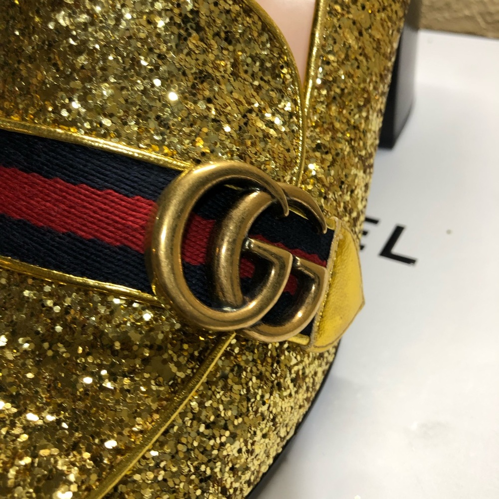 Gucci Glitter Gold Loafers with Red Heart and Blue Stripe - Picture 8 of 11
